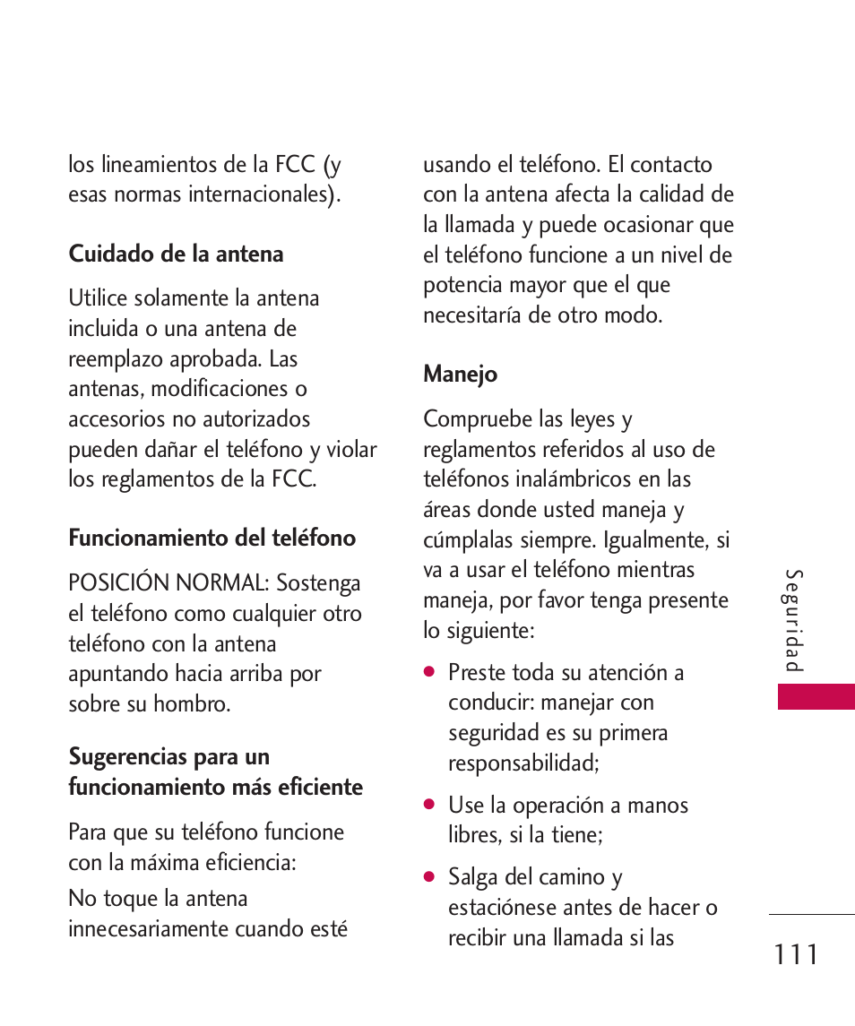 Cuidado de la antena, Funcionamiento del teléfono, Sugerencias para un funciona | Manejo, Sugerencias para un funcionamiento más eficiente | LG Bliss -UX700W User Manual | Page 254 / 297