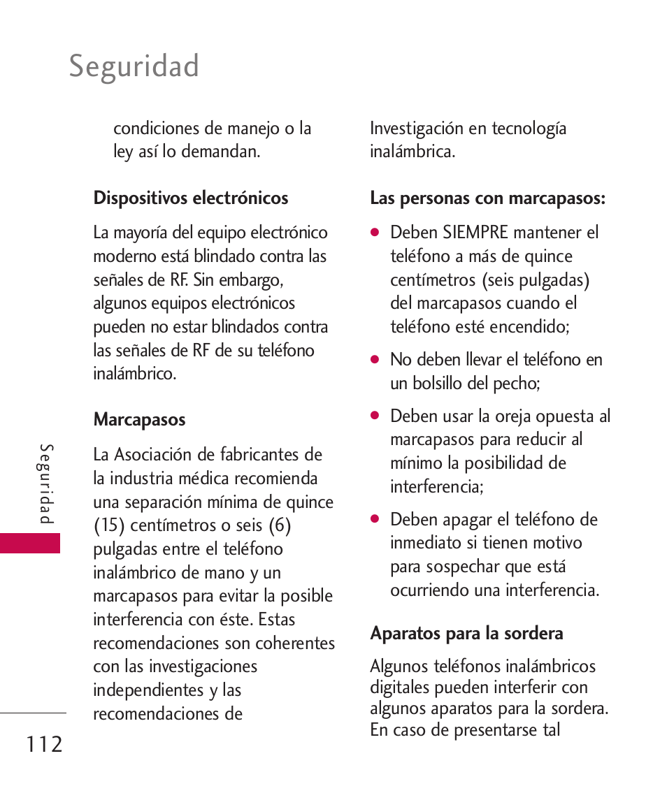 Dispositivos electrónicos, Marcapasos, Las personas con marcapasos | Aparatos para la sordera, Seguridad | LG Bliss -UX700W User Manual | Page 255 / 297