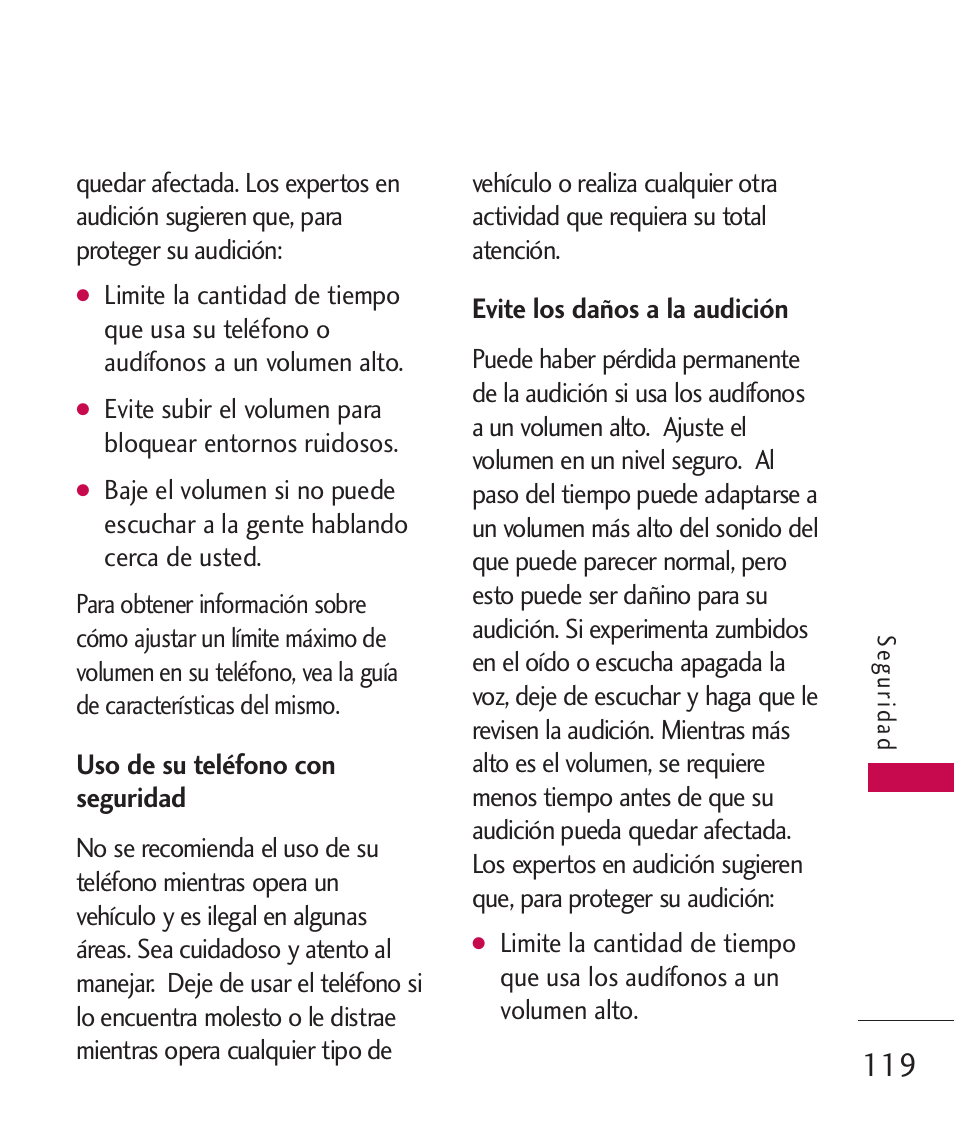 Uso de su teléfono con segur, Evite los daños a la audición, Uso de su teléfono con seguridad 119 | LG Bliss -UX700W User Manual | Page 262 / 297