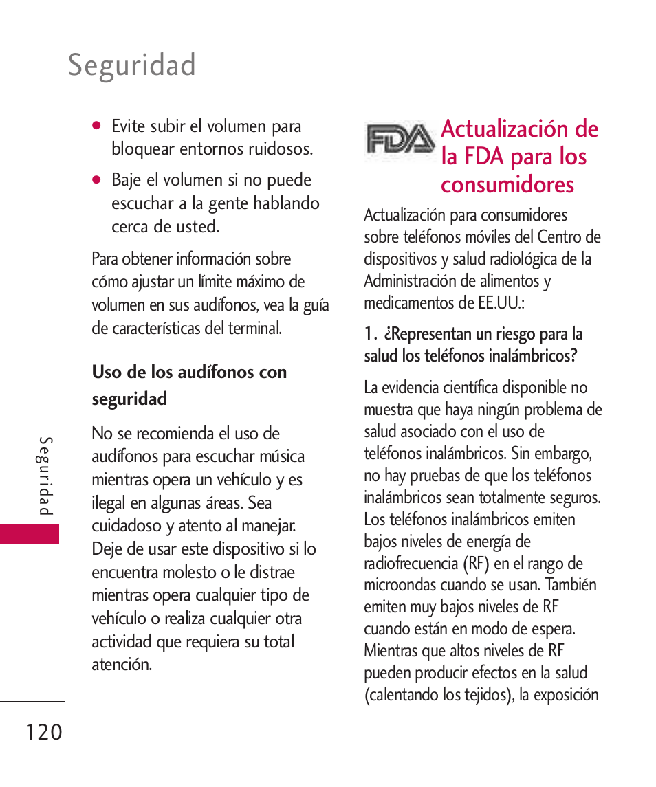 Uso de los audífonos con se, Actualización de la fda par, Uso de los audífonos con seguridad | Actualización de la fda para los consumidores, Seguridad | LG Bliss -UX700W User Manual | Page 263 / 297