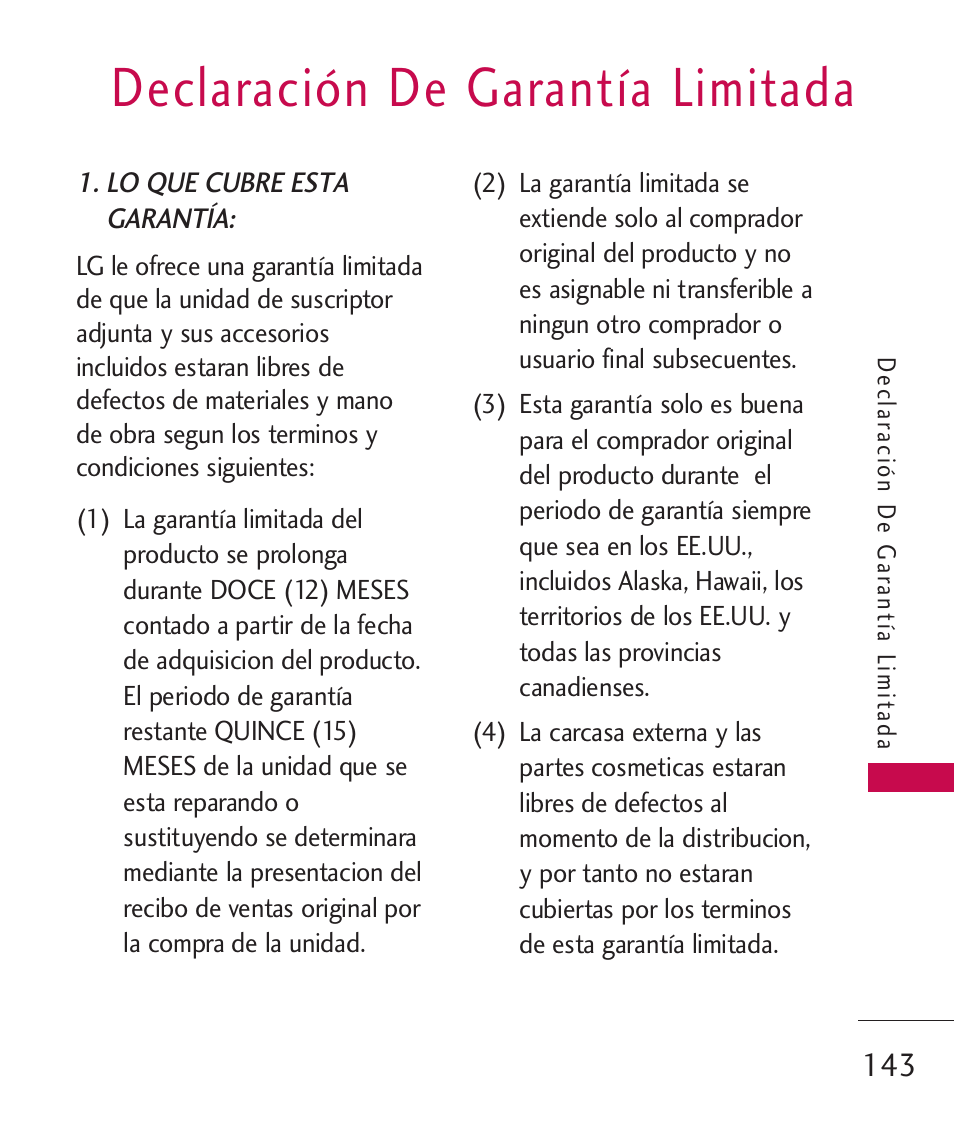 Declaración de garantía limi, Declaración de garantía limitada | LG Bliss -UX700W User Manual | Page 286 / 297