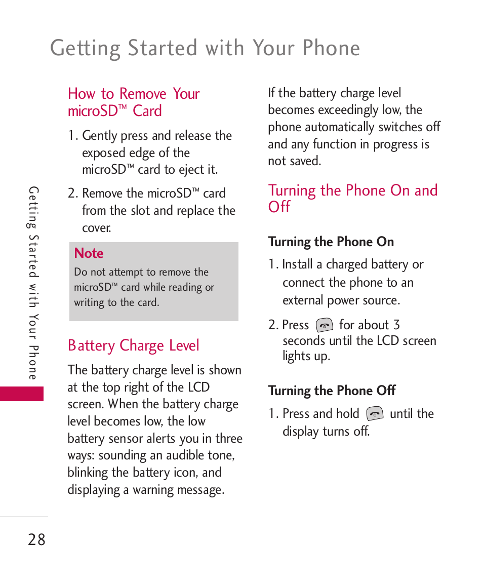 How to remove your microsd, Battery charge level, Turning the phone on and off | Card, Getting started with your phone | LG Bliss -UX700W User Manual | Page 30 / 297