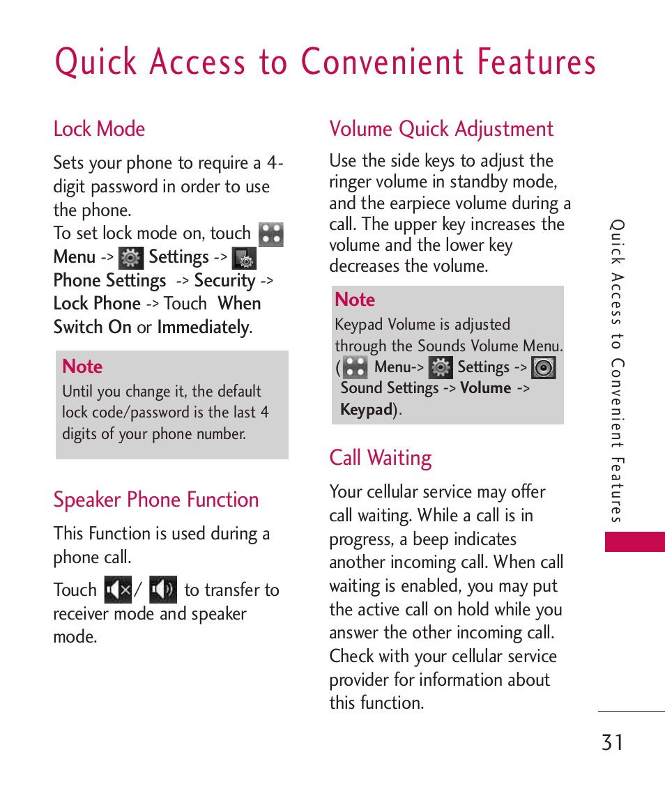 Quick access to convenient, Lock mode, Speaker phone function | Volume quick adjustment, Call waiting, Quick access to convenient features | LG Bliss -UX700W User Manual | Page 33 / 297