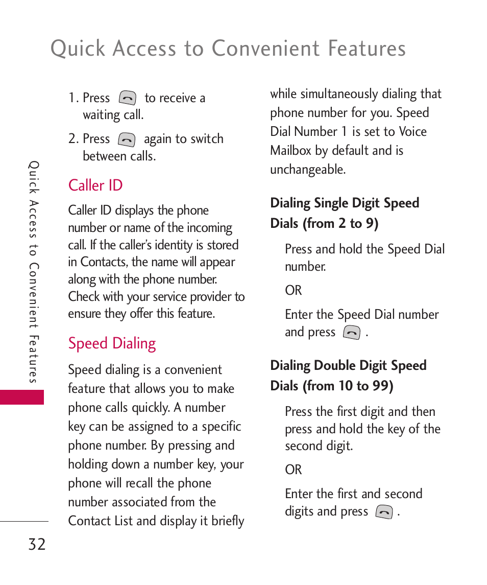 Caller id, Speed dialing, Quick access to convenient features | LG Bliss -UX700W User Manual | Page 34 / 297