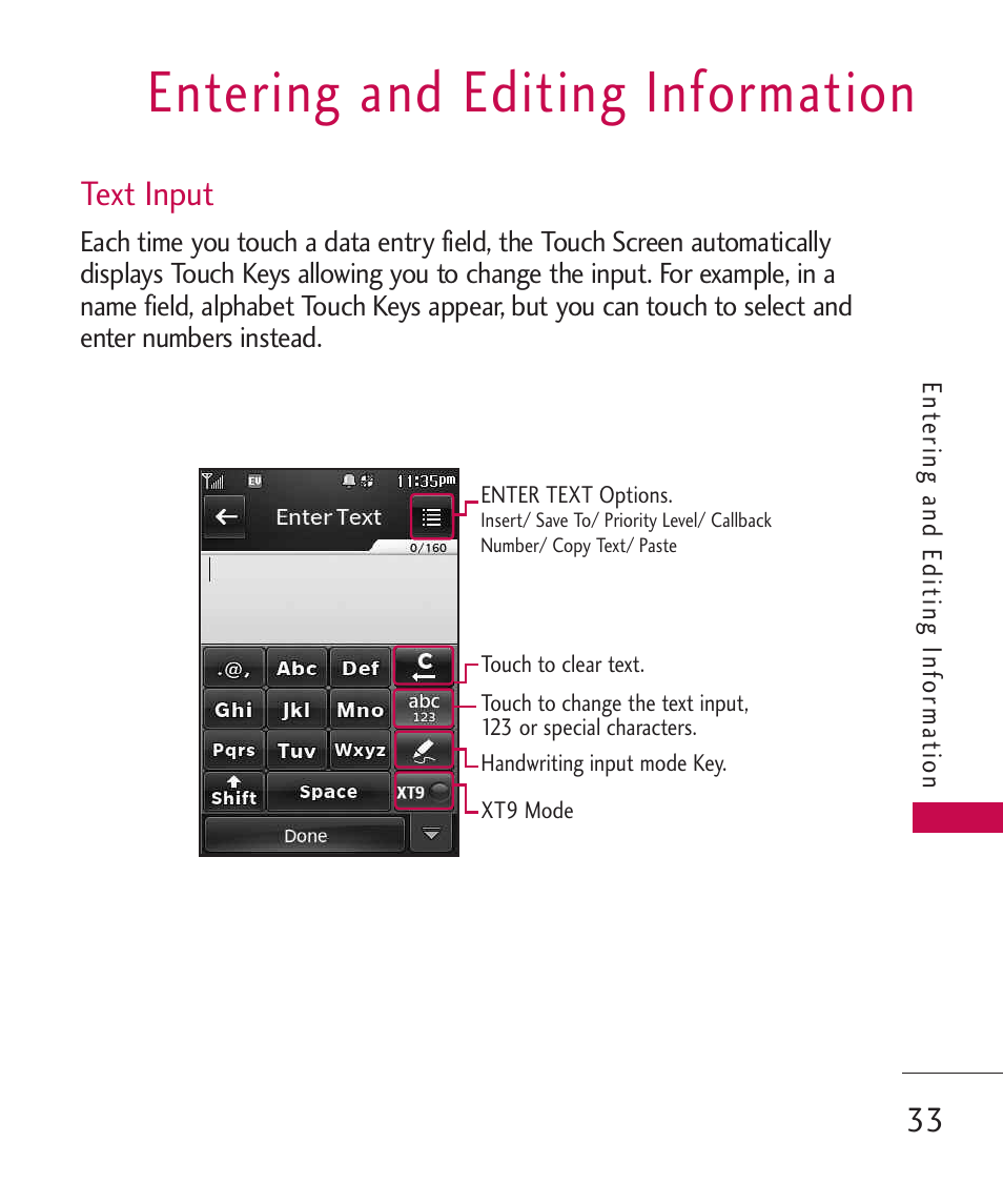 Entering and editing informa, Text input, Entering and editing information | LG Bliss -UX700W User Manual | Page 35 / 297