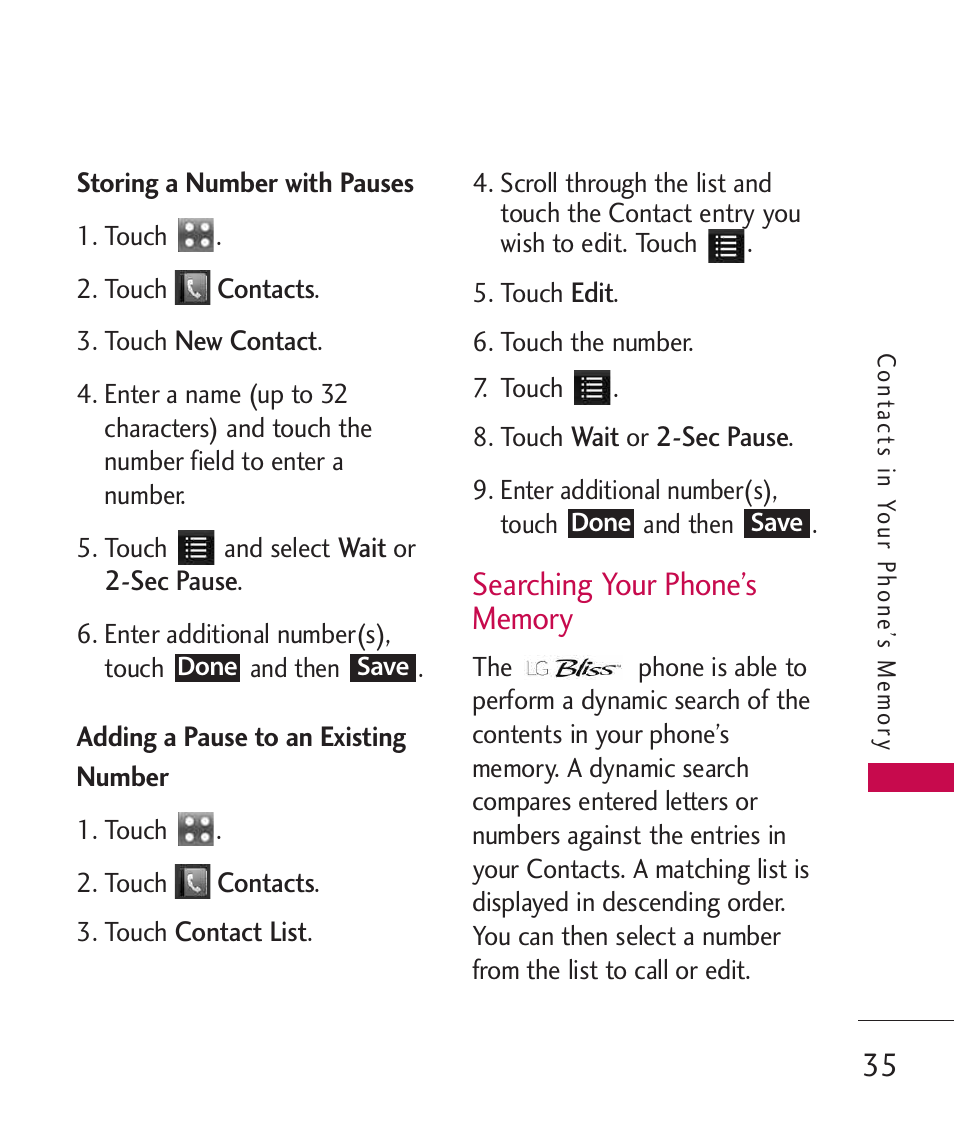 Searching your phone’s memory, Searching your phone’s memory 35 | LG Bliss -UX700W User Manual | Page 37 / 297