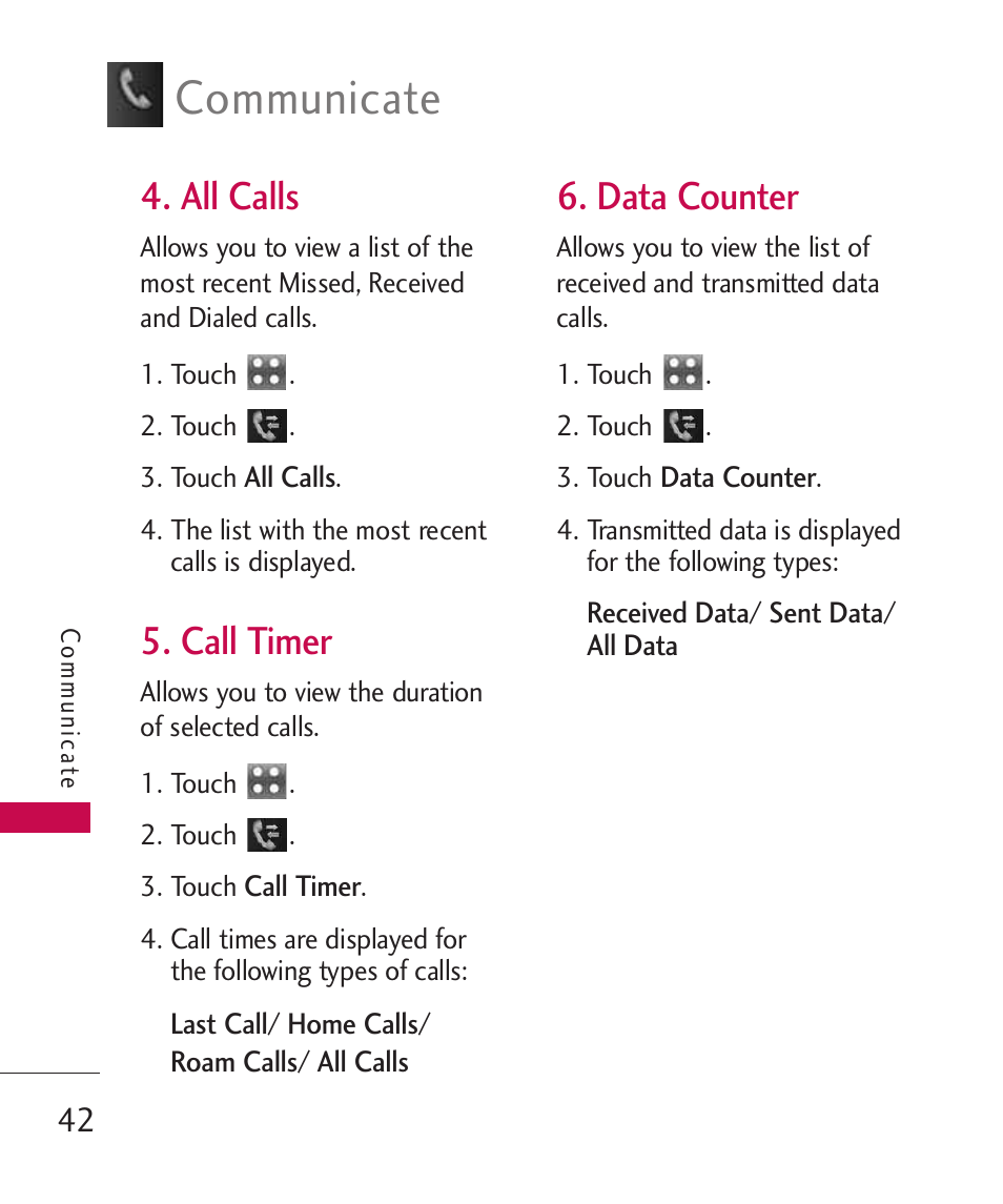 All calls, Call timer, Data counter | Communicate | LG Bliss -UX700W User Manual | Page 44 / 297