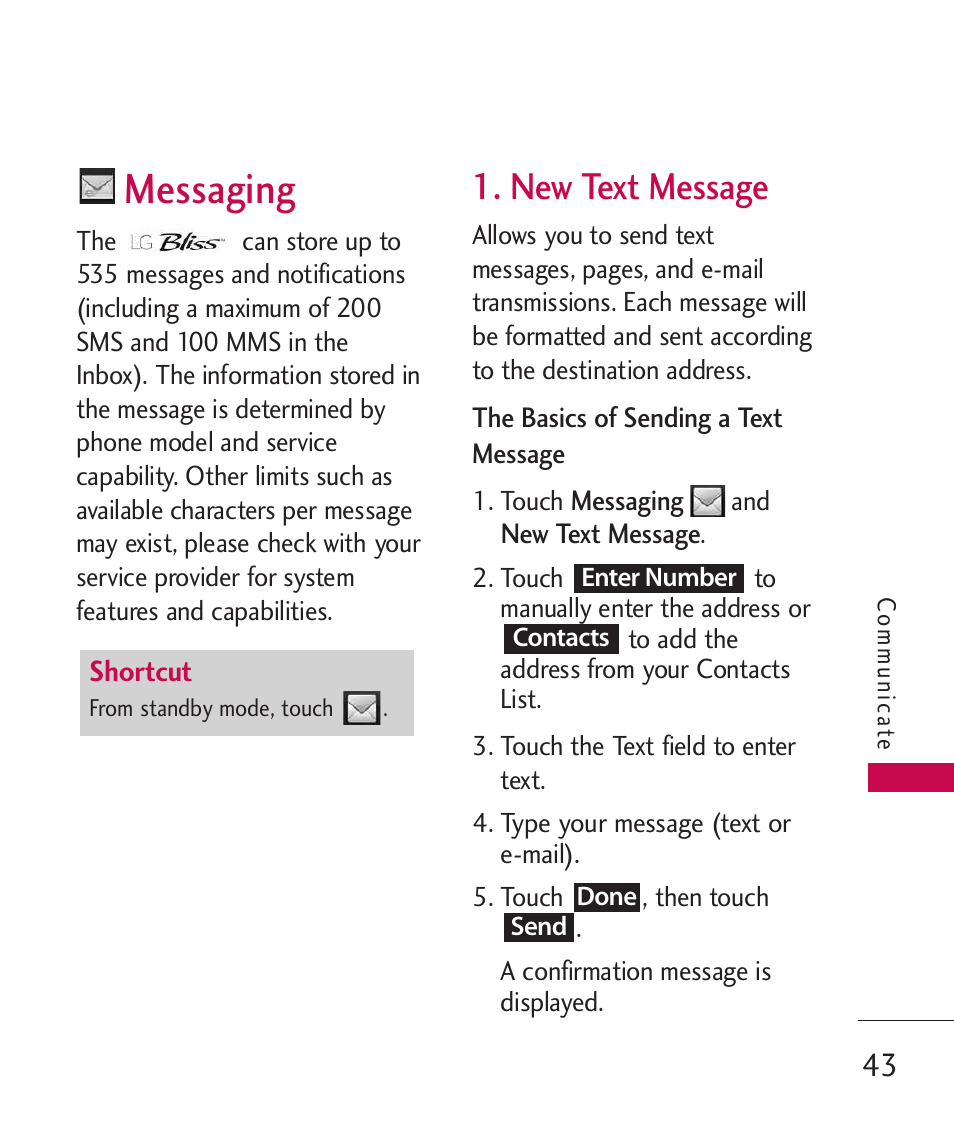 Messaging, New text message | LG Bliss -UX700W User Manual | Page 45 / 297