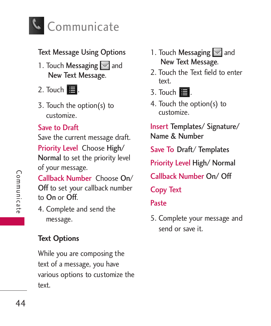 Communicate | LG Bliss -UX700W User Manual | Page 46 / 297