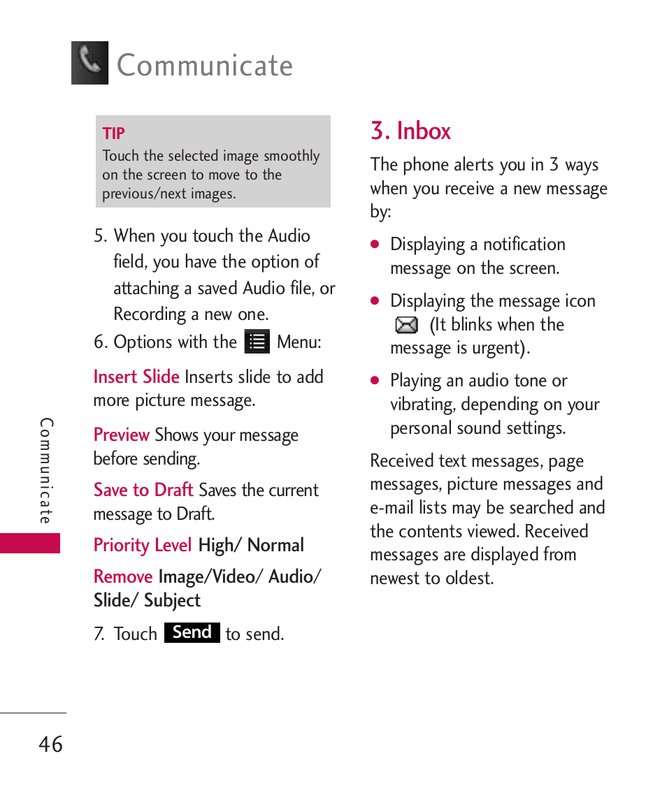 Inbox, Communicate | LG Bliss -UX700W User Manual | Page 48 / 297