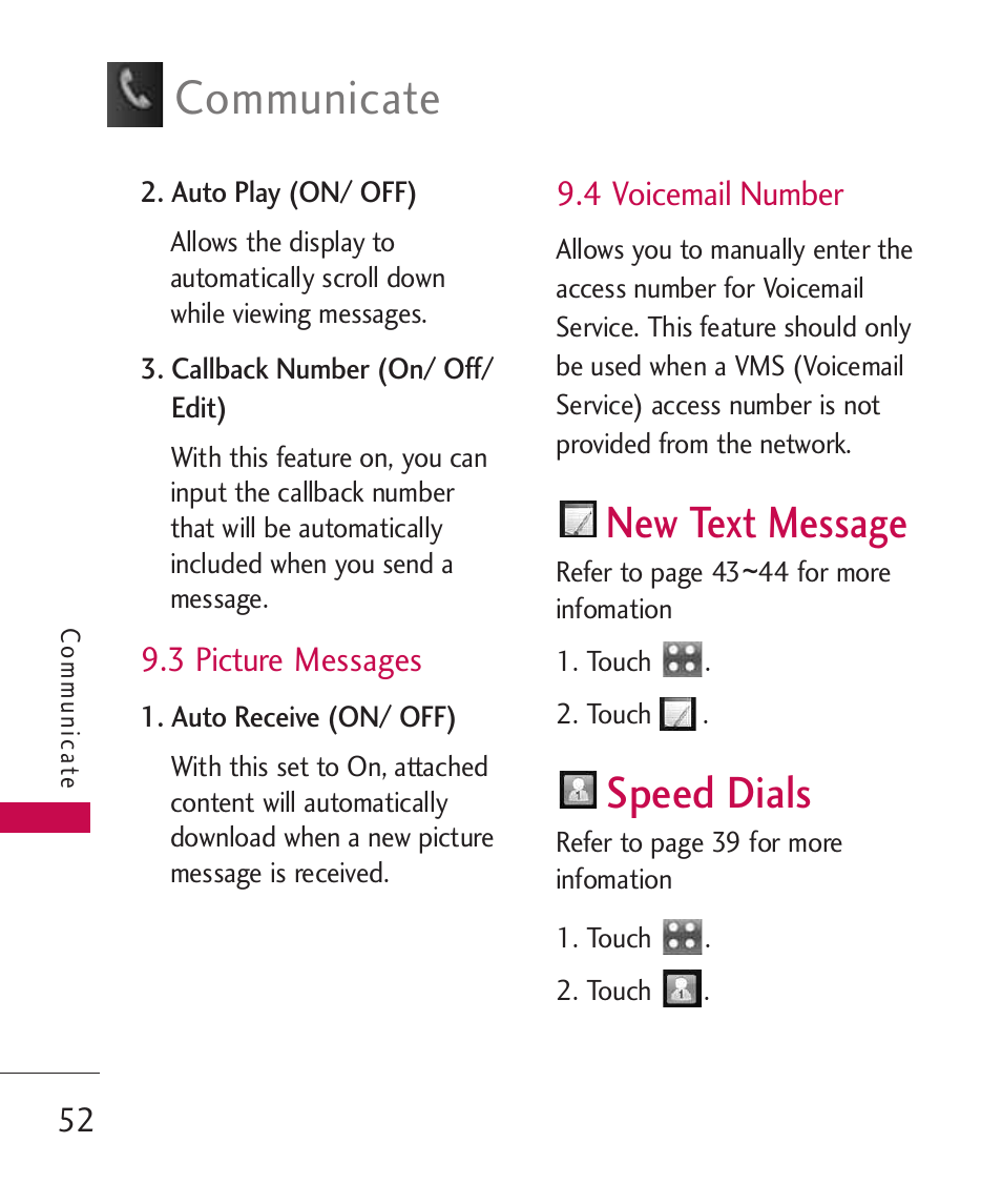 3 picture messages, 4 voicemail number, New text message | Speed dials, Communicate | LG Bliss -UX700W User Manual | Page 54 / 297