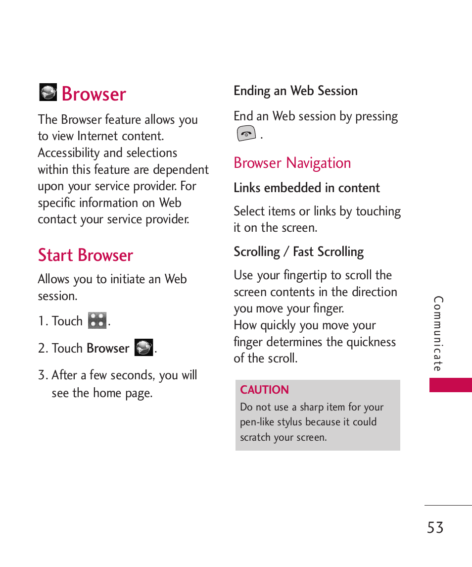 Browser, Start browser, Browser navigation | LG Bliss -UX700W User Manual | Page 55 / 297