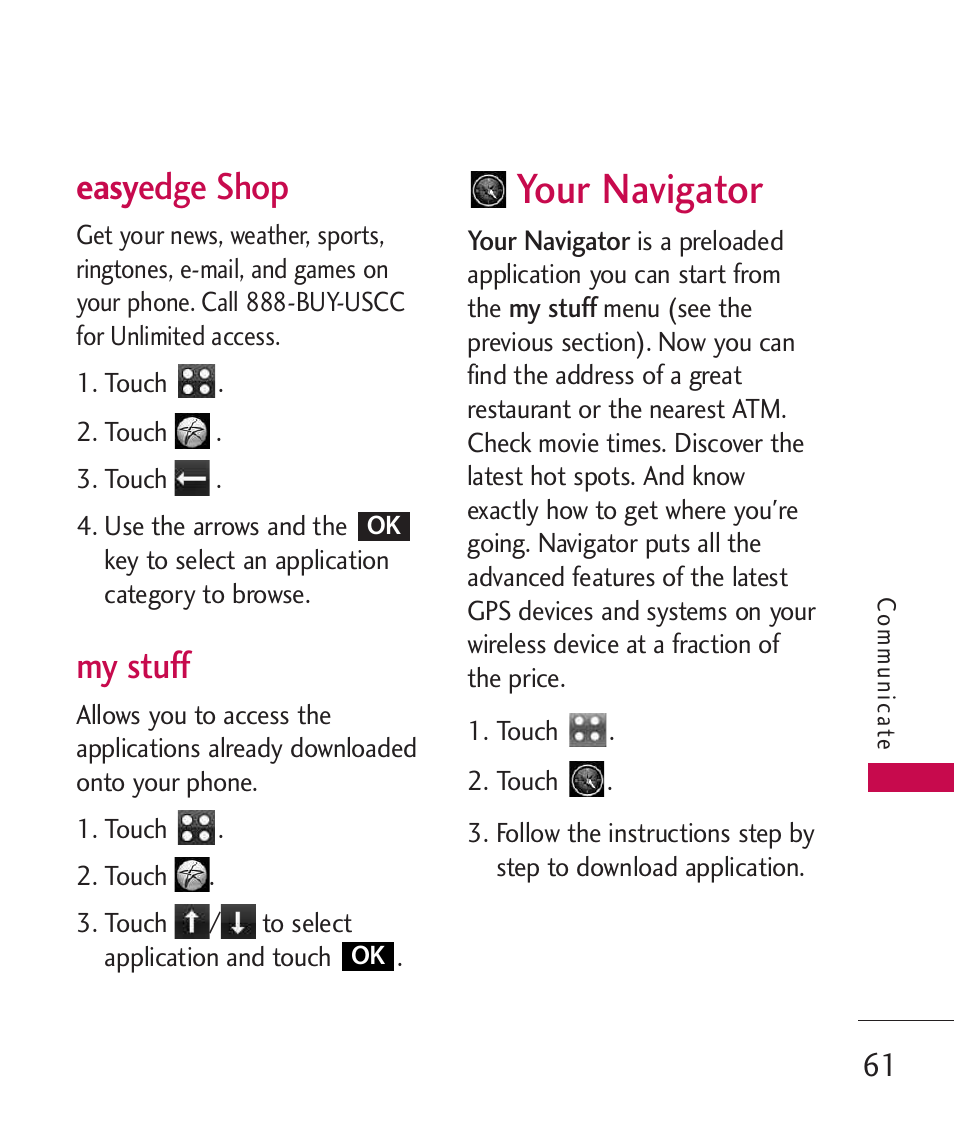 Your navigator, Easy edge shop, My stuff | LG Bliss -UX700W User Manual | Page 63 / 297