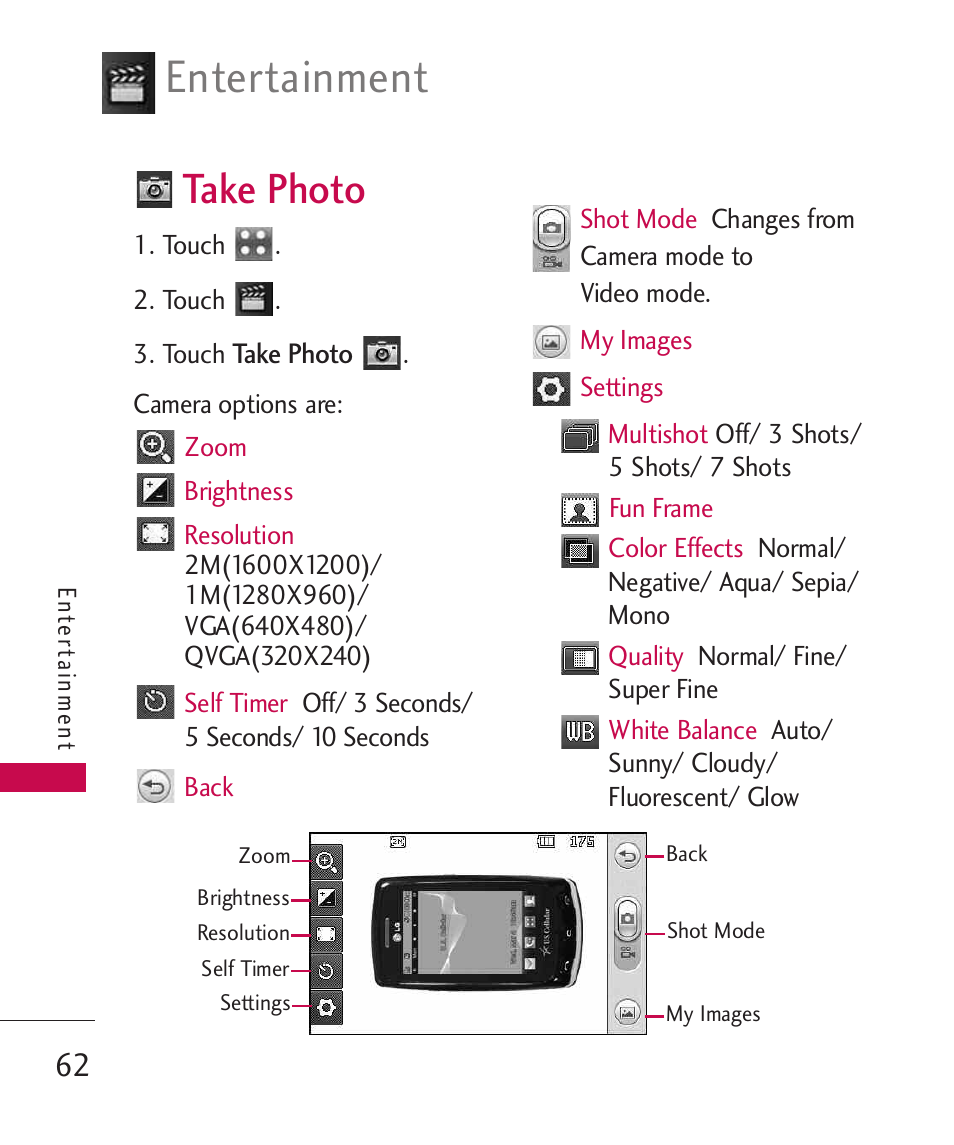 Take photo, Entertainment | LG Bliss -UX700W User Manual | Page 64 / 297