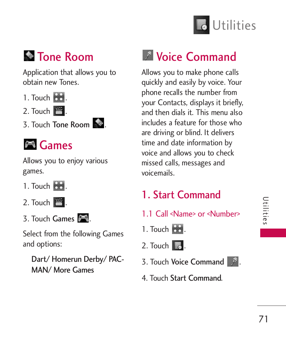 Tone room, Games, Voice command | Start command, 1 call <name> or <number, Utilities | LG Bliss -UX700W User Manual | Page 73 / 297