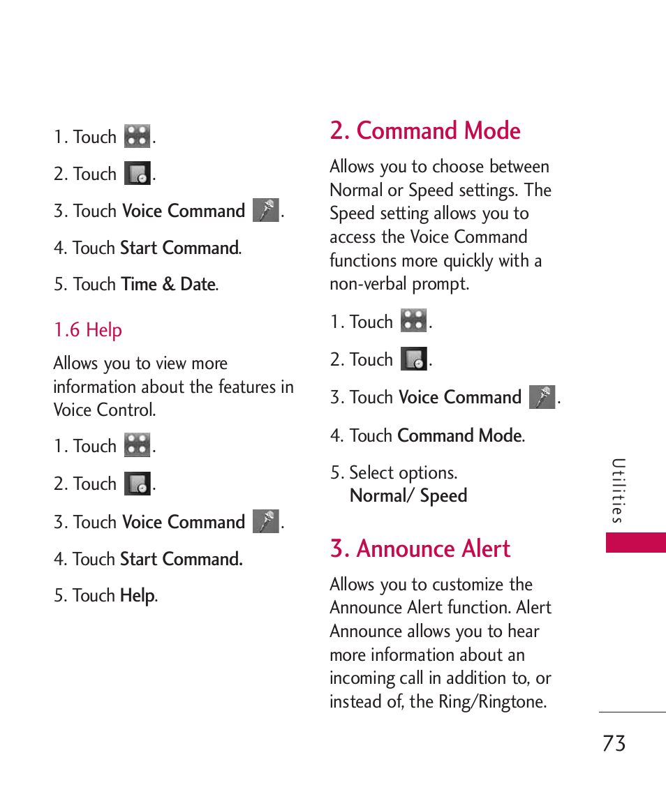 6 help, Command mode, Announce alert | LG Bliss -UX700W User Manual | Page 75 / 297