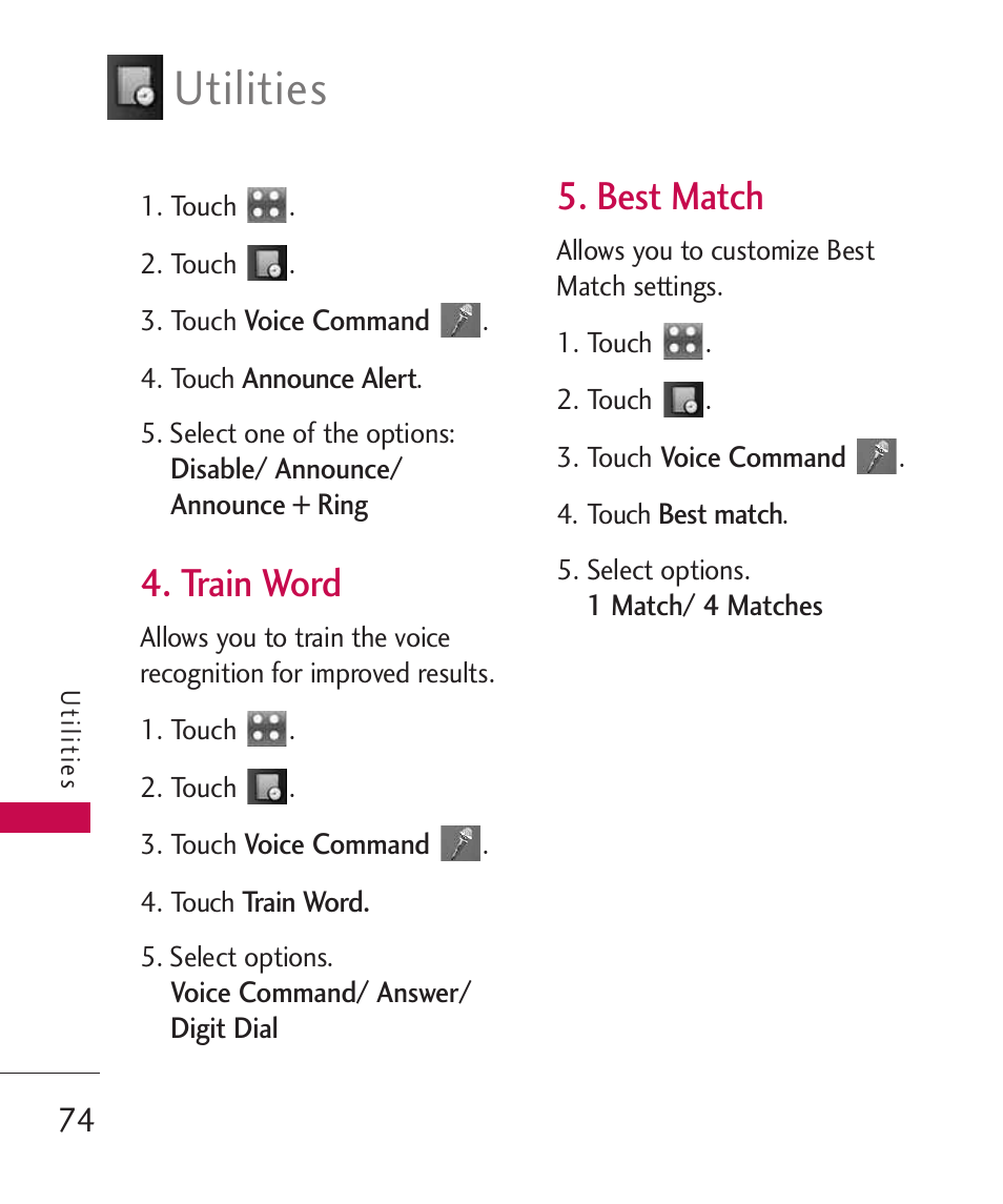 Train word, Best match, Utilities | LG Bliss -UX700W User Manual | Page 76 / 297