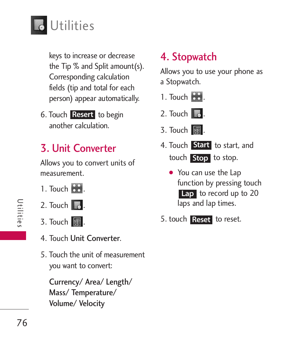 Unit converter, Stopwatch, Utilities | LG Bliss -UX700W User Manual | Page 78 / 297