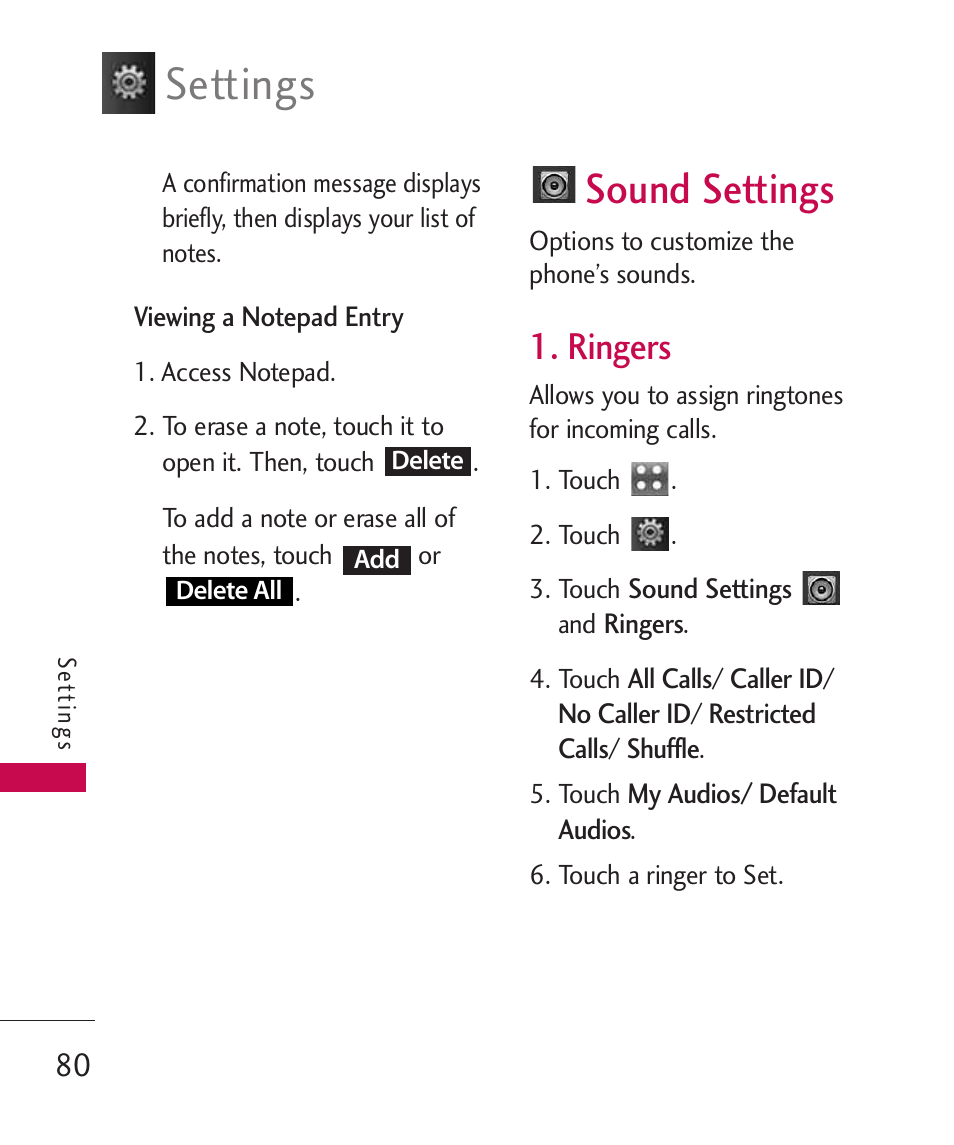 Sound settings, Ringers, Settings | LG Bliss -UX700W User Manual | Page 82 / 297