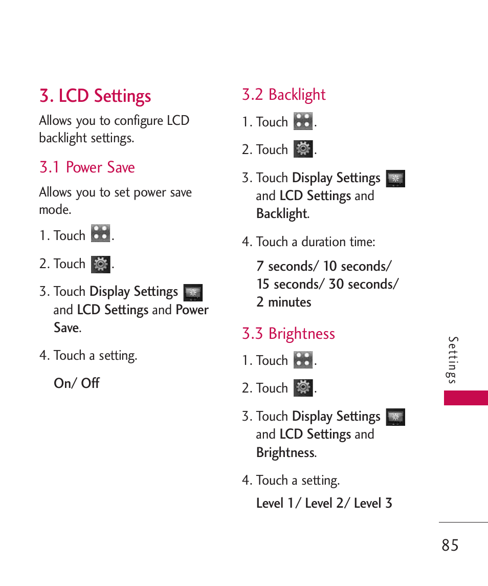 Lcd settings, 1 power save, 2 backlight | 3 brightness | LG Bliss -UX700W User Manual | Page 87 / 297