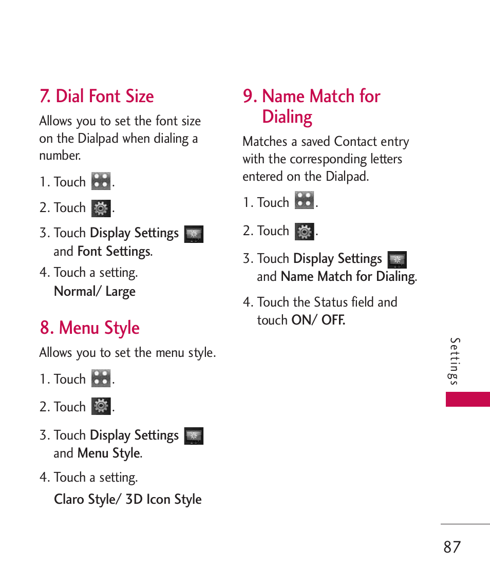 Dial font size, Menu style, Name match for dialing | LG Bliss -UX700W User Manual | Page 89 / 297