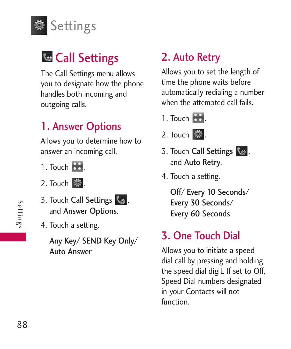 Call settings, Answer options, Auto retry | One touch dial, Settings | LG Bliss -UX700W User Manual | Page 90 / 297