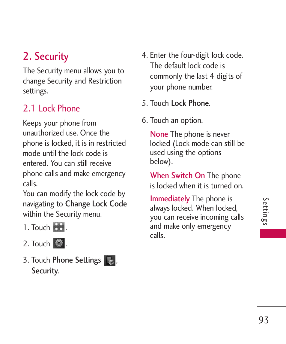 Security, 1 lock phone | LG Bliss -UX700W User Manual | Page 95 / 297