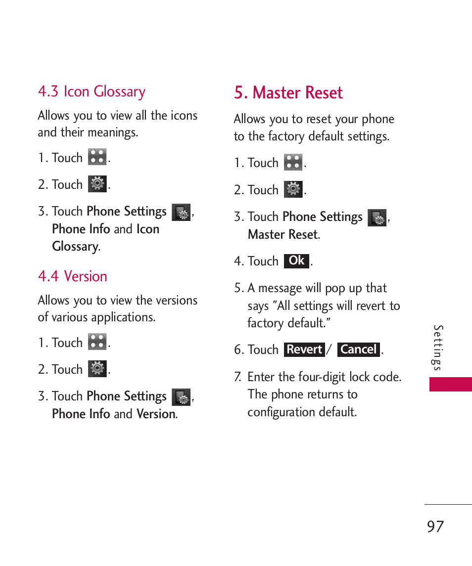 3 icon glossary, 4 version, Master reset | LG Bliss -UX700W User Manual | Page 99 / 297