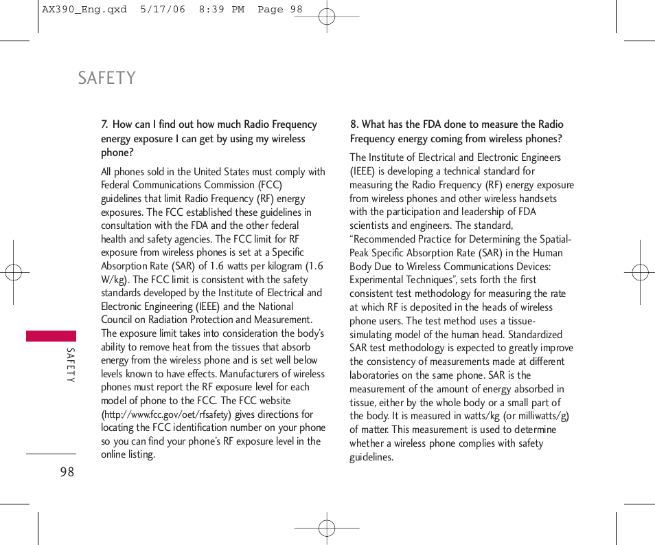 Safety | LG AX390 User Manual | Page 100 / 226