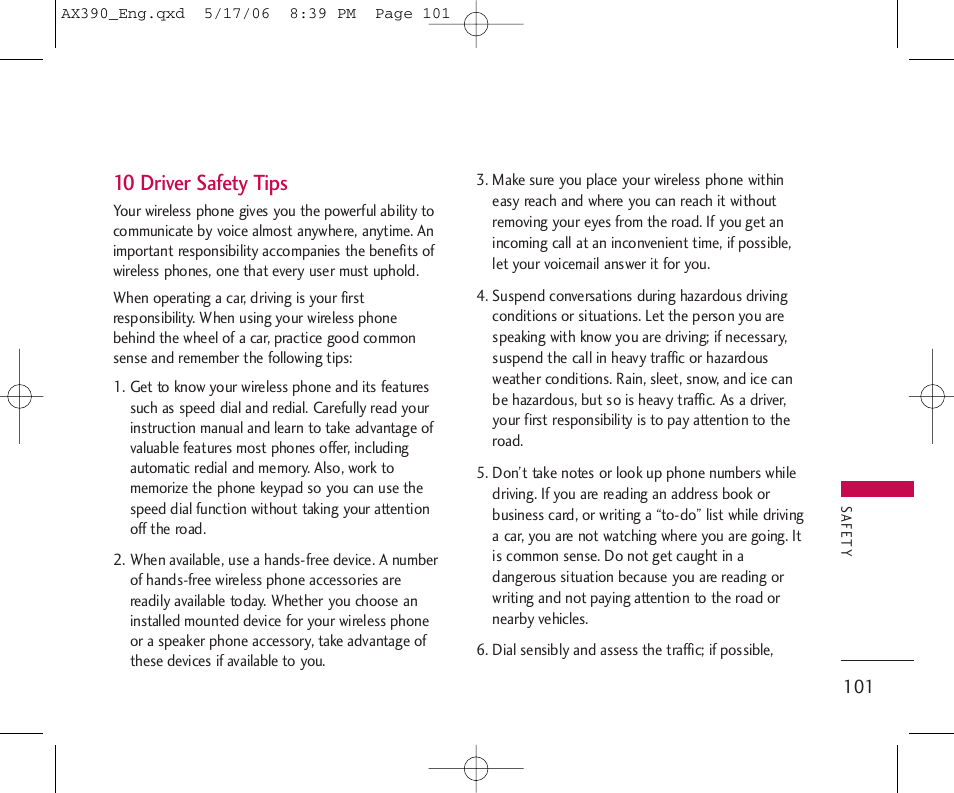 10 driver safety tips | LG AX390 User Manual | Page 103 / 226