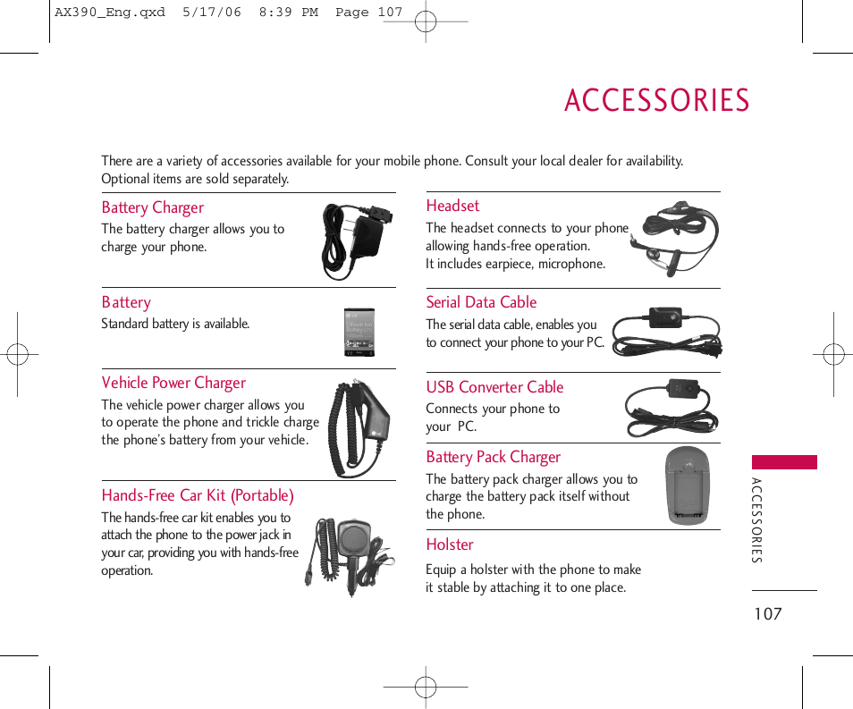 Accessories | LG AX390 User Manual | Page 109 / 226