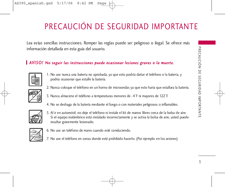 Precaución de seguridad importante | LG AX390 User Manual | Page 115 / 226