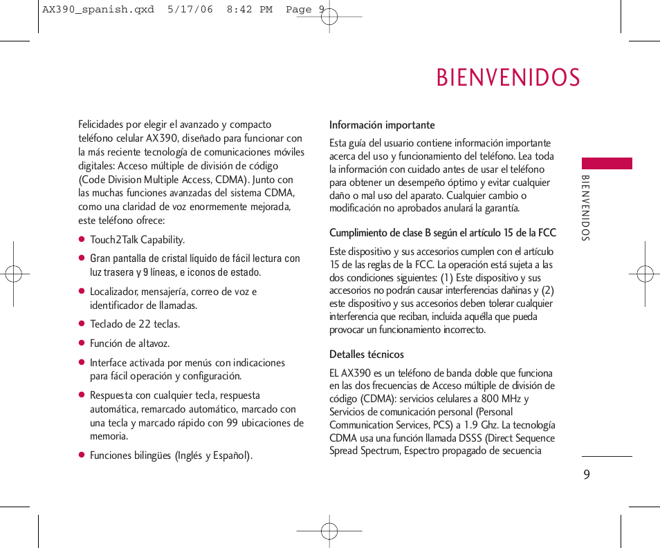 Bienvenidos | LG AX390 User Manual | Page 123 / 226