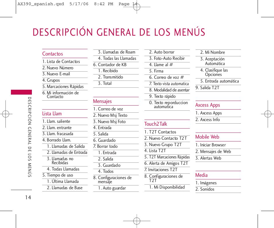 Descripción general de los menús | LG AX390 User Manual | Page 128 / 226