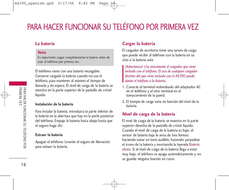 Para hacer funcionar su teléfono por primera vez | LG AX390 User Manual | Page 130 / 226