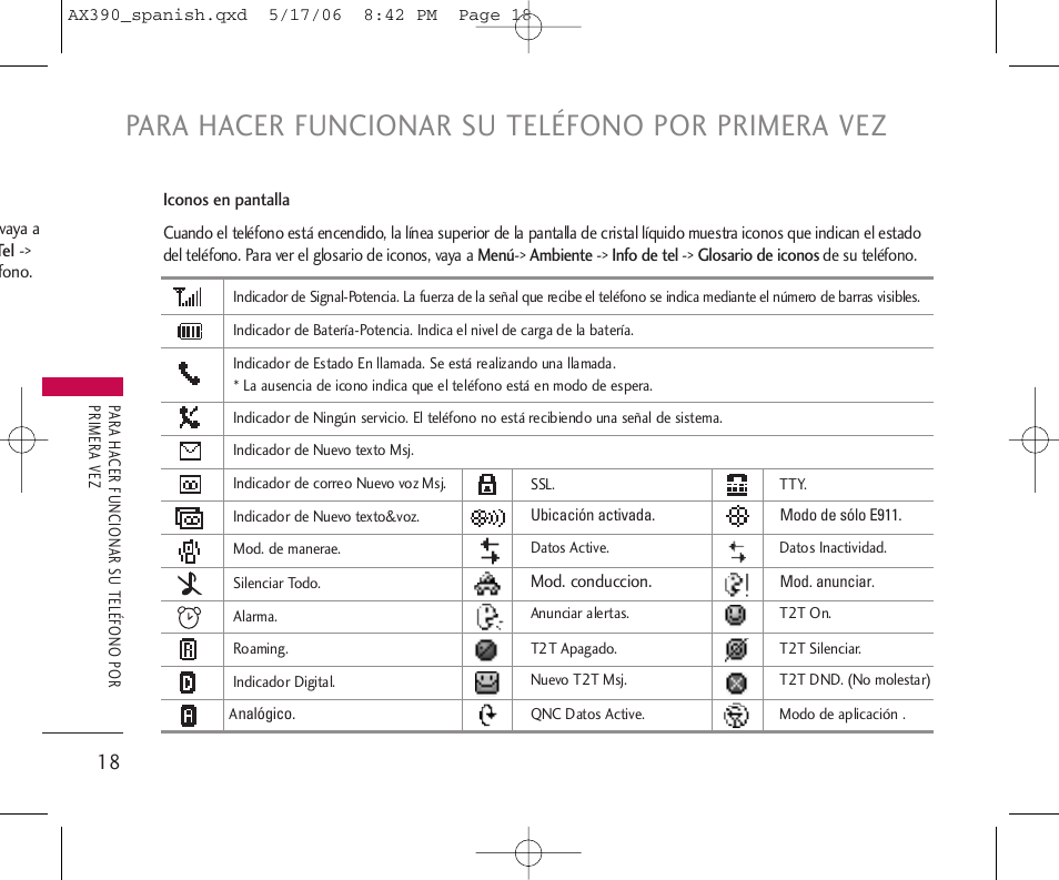 Para hacer funcionar su teléfono por primera vez | LG AX390 User Manual | Page 132 / 226