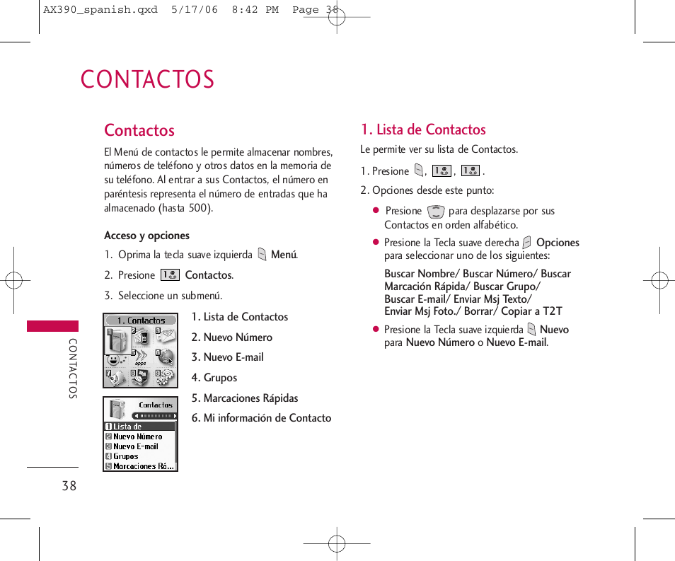 Contactos, Lista de contactos | LG AX390 User Manual | Page 152 / 226