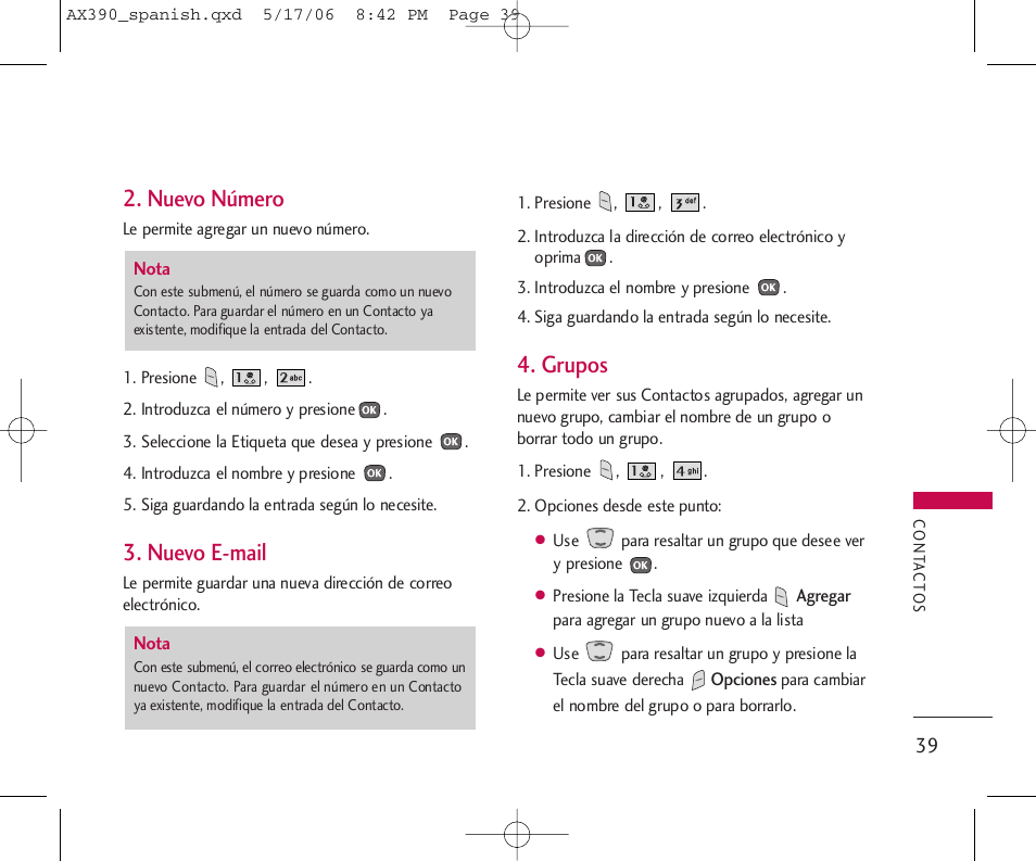 Nuevo número, Nuevo e-mail, Grupos | LG AX390 User Manual | Page 153 / 226