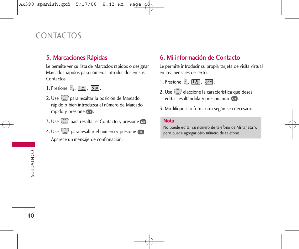 Contactos, Marcaciones rápidas, Mi información de contacto | LG AX390 User Manual | Page 154 / 226