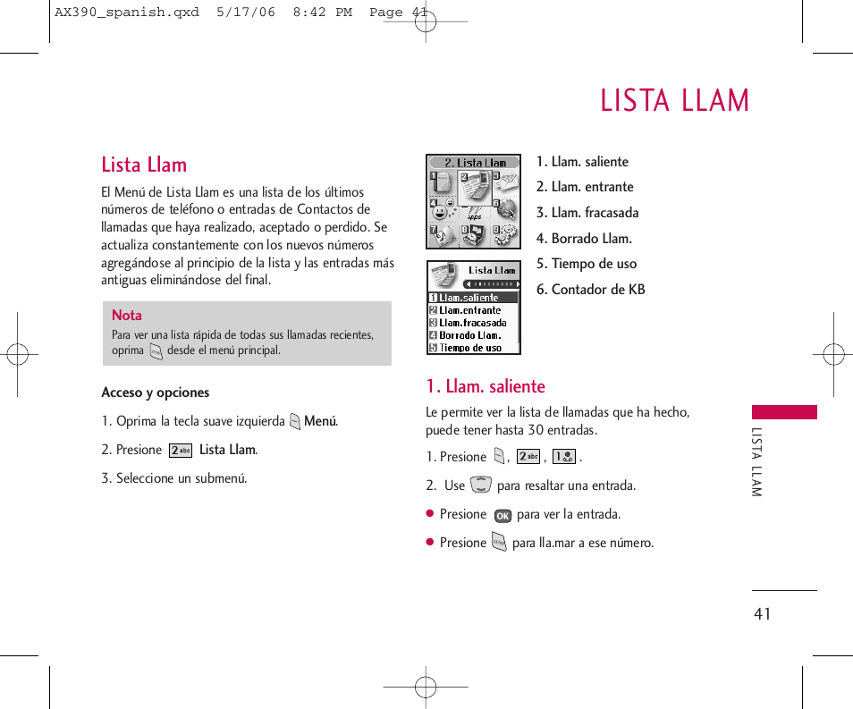 Lista llam, Llam. saliente | LG AX390 User Manual | Page 155 / 226