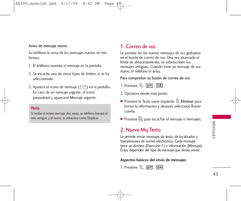 Correo de voz, Nuevo msj texto | LG AX390 User Manual | Page 159 / 226