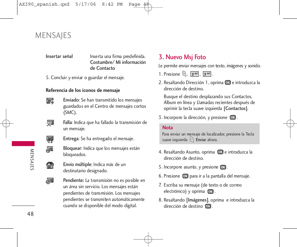 Mensajes, Nuevo msj foto | LG AX390 User Manual | Page 162 / 226