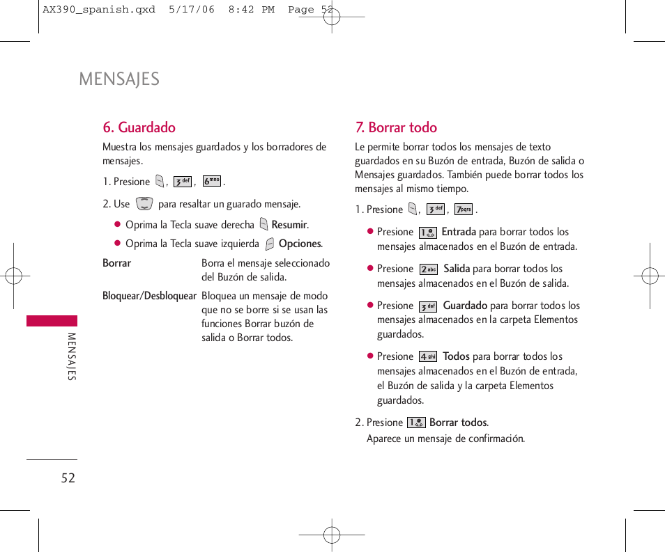 Mensajes, Guardado, Borrar todo | LG AX390 User Manual | Page 166 / 226