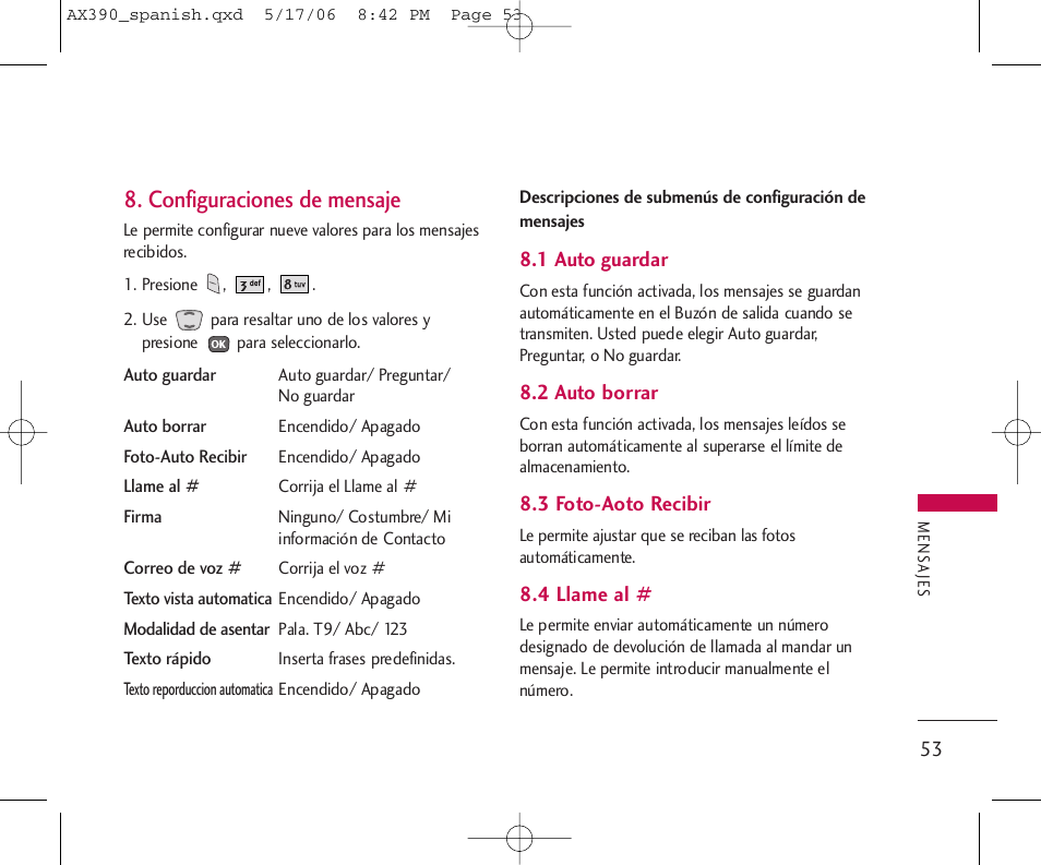 Configuraciones de mensaje | LG AX390 User Manual | Page 167 / 226