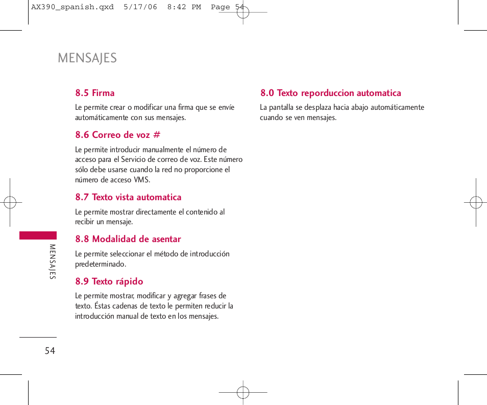 Mensajes | LG AX390 User Manual | Page 168 / 226