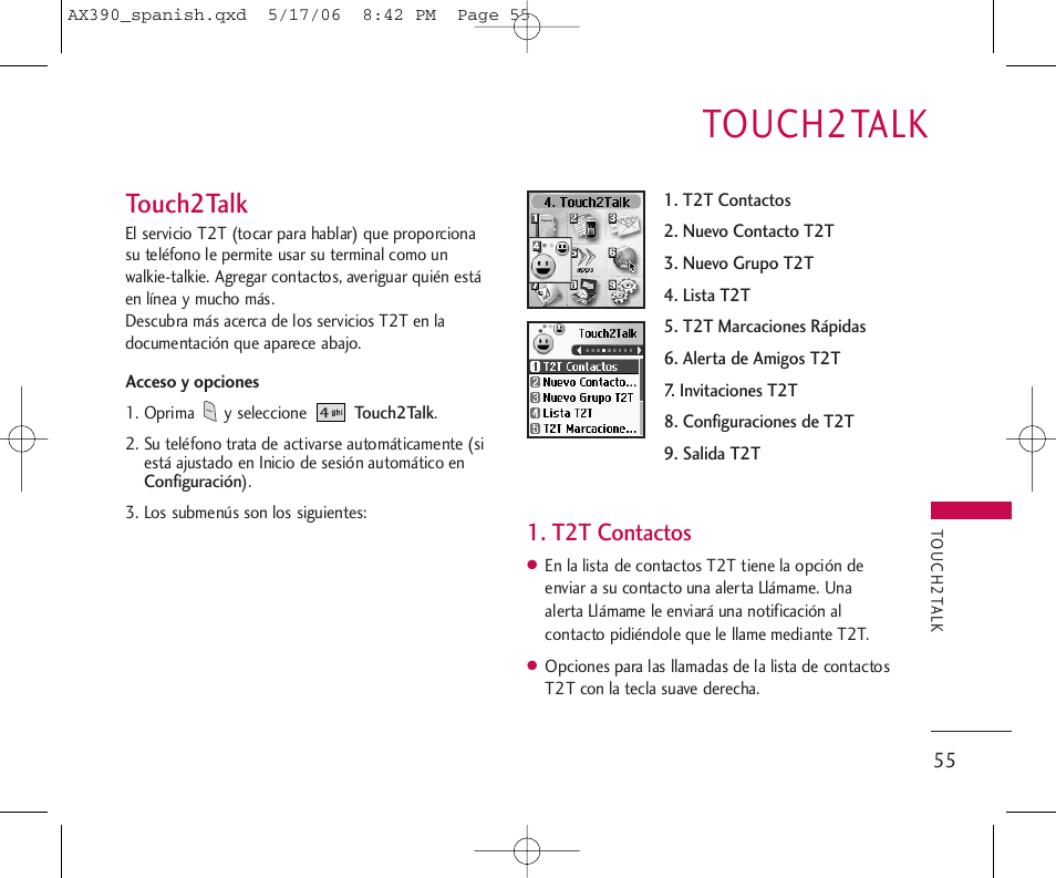 Touch2talk, T2t contactos | LG AX390 User Manual | Page 169 / 226