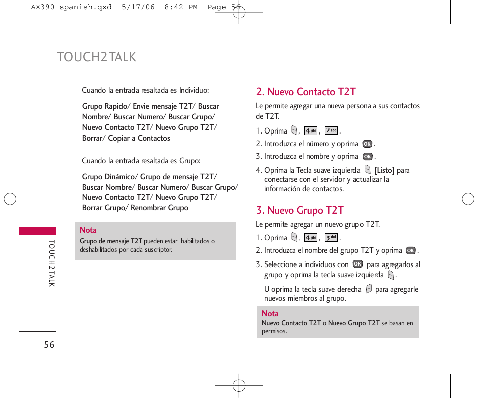 Touch2talk, Nuevo contacto t2t, Nuevo grupo t2t | LG AX390 User Manual | Page 170 / 226