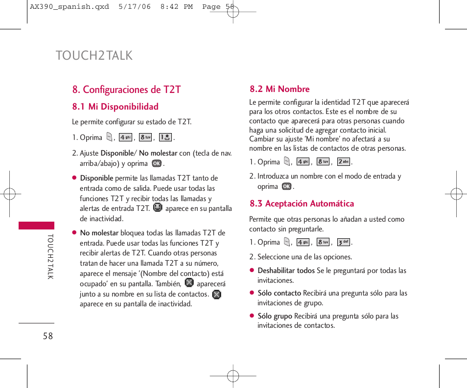 Touch2talk, Configuraciones de t2t | LG AX390 User Manual | Page 172 / 226