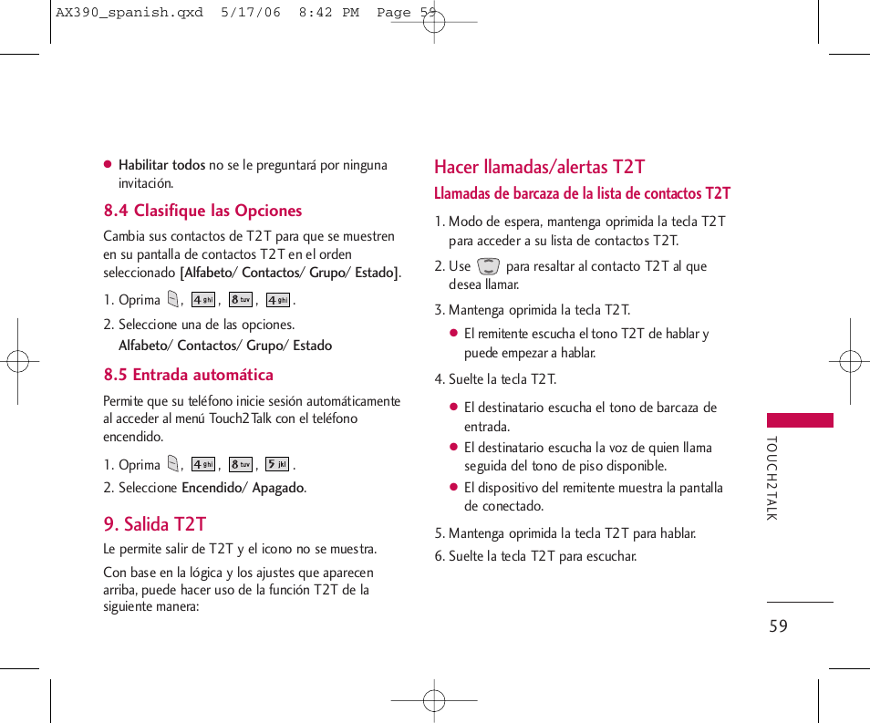 Salida t2t, Hacer llamadas/alertas t2t | LG AX390 User Manual | Page 173 / 226