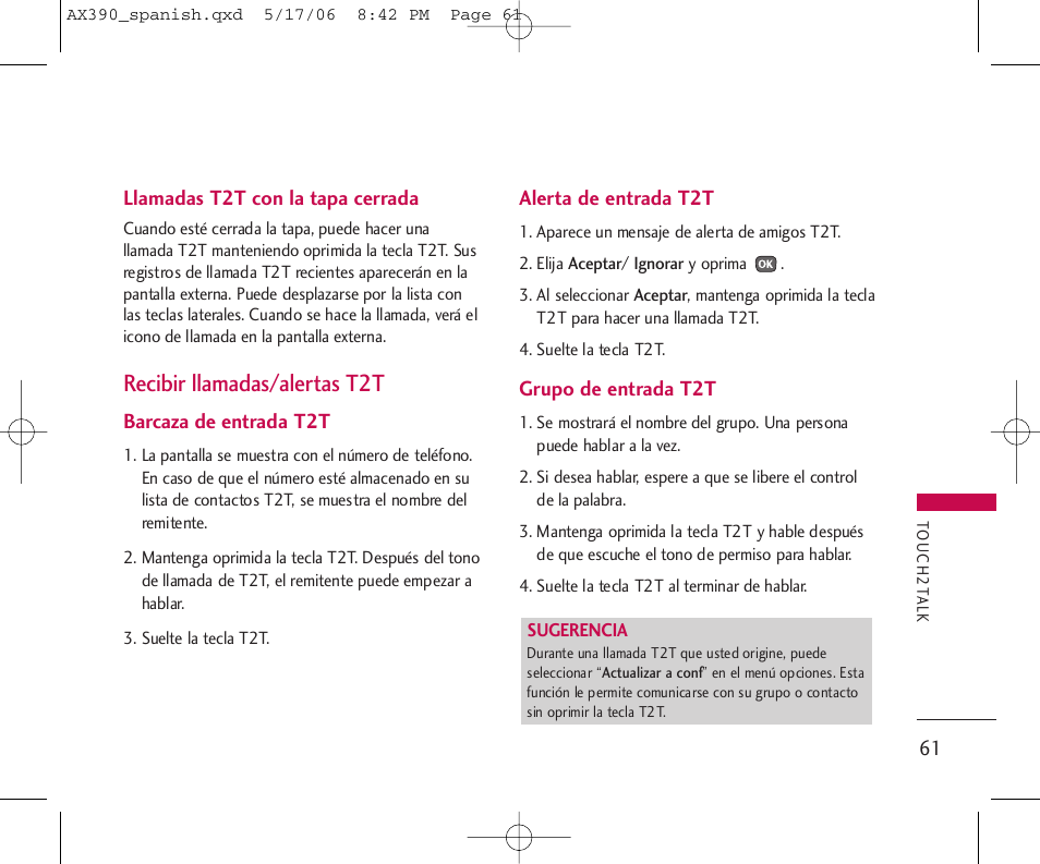 Recibir llamadas/alertas t2t | LG AX390 User Manual | Page 175 / 226